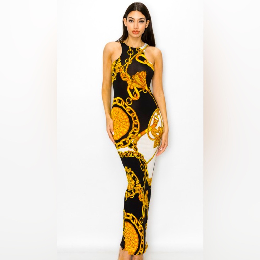 Black and Gold Chain Print Dress
